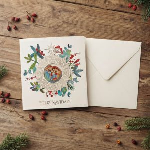 Felicitación de Navidad con la Sagrada Familia, diseñada por Duc in Altum Arts, va acompañado por sobres a su medida