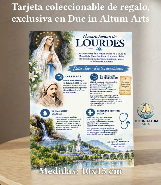Tarjeta coleccionable de regalo, de Nuestra Señora de Lourdes. Exclusiva en Duc in Altum Arts.