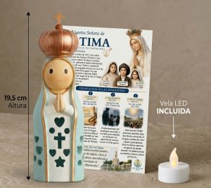 Figura de Nuestra Señora de Fátima con vela a pilas.