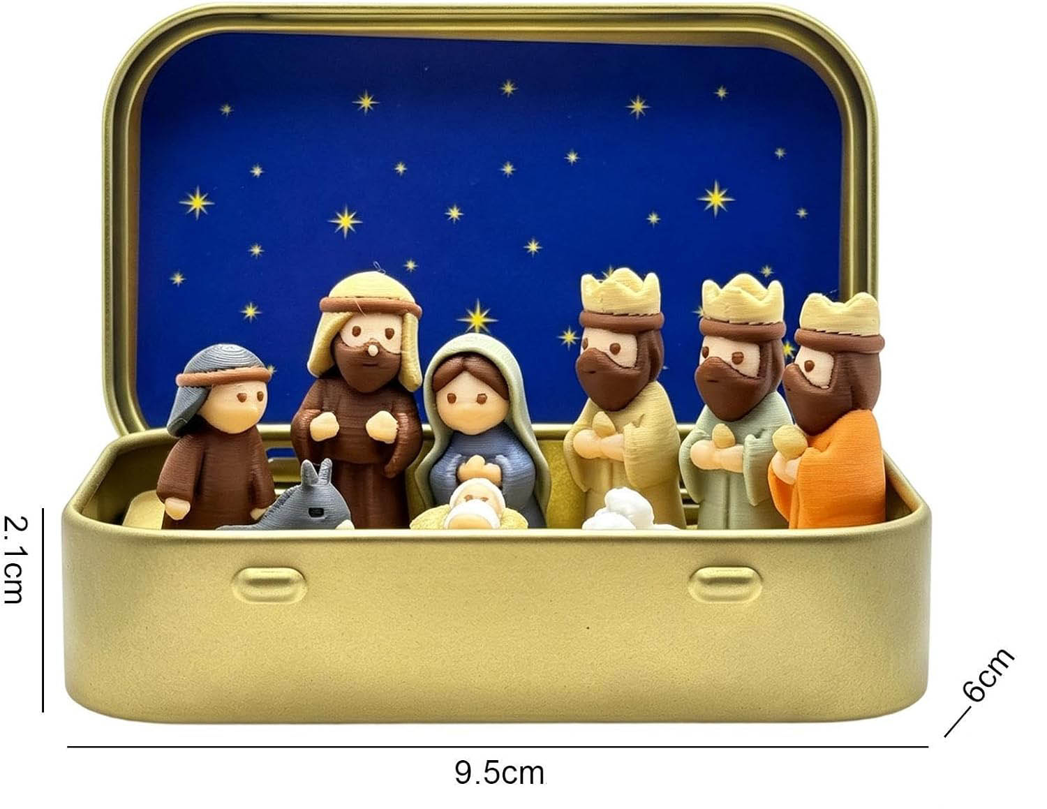 Mini pesebre navideño con figuras en lata, medidas
