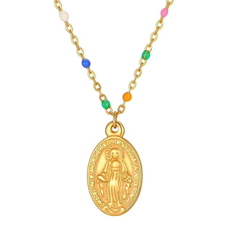 Collar con medalla de la Milagrosa, en cadena con esmalte de colores, y cierre con cruz.