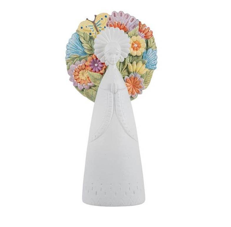 Figura de resina de la Virgen con corona de flores