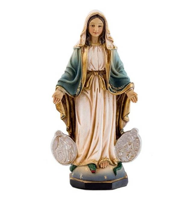 Figura de resina pintada a mano de la Virgen de la medalla Milagrosa de 13 cm.