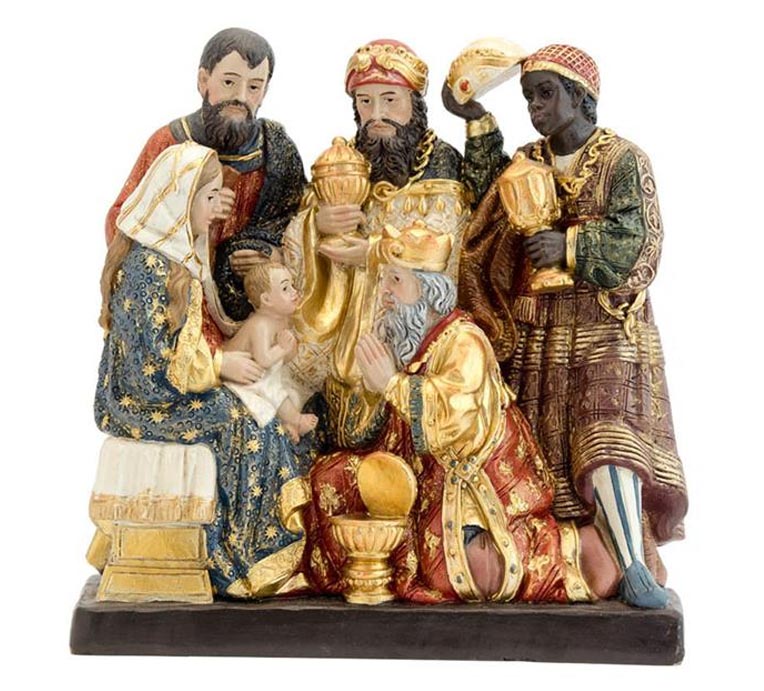 Misterio de una sola pieza de resina con los Reyes Magos de Oriente, pintado delicadamente a mano