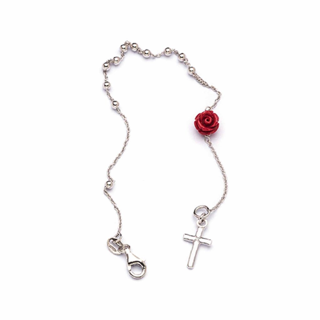 Pulsera decenario en plata de ley con rosa mística y cruz.